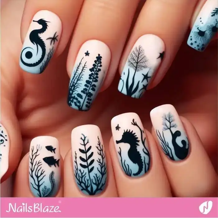 Ombre Nails with Silhouette Marine Life Design | Save the Ocean Nails - NB2769